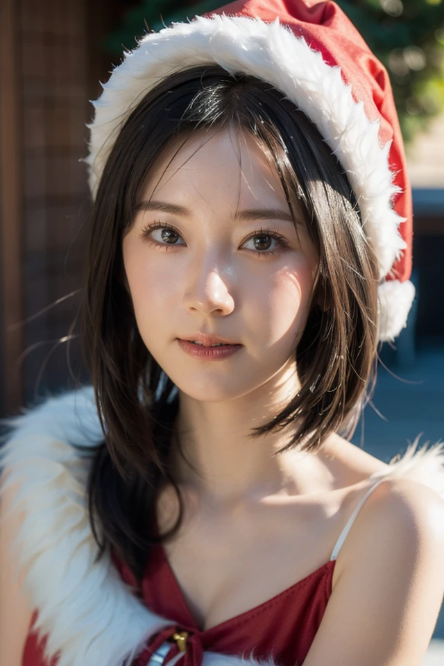 a closeup, ​masterpiece, top-quality, Raw foto, Photorealsitic, beautiful a girl, cute little,santa costume wavy hair,With bangs、 depth of fields, hight resolution, ultra-detailliert, finely detail, ighly detailed, extremely detailed eye and face, Sharp pupils, Realistic pupils, foco nítido, Cinematic lighting、、 、A sexy、natta、Christmas Market、A smile、endearing