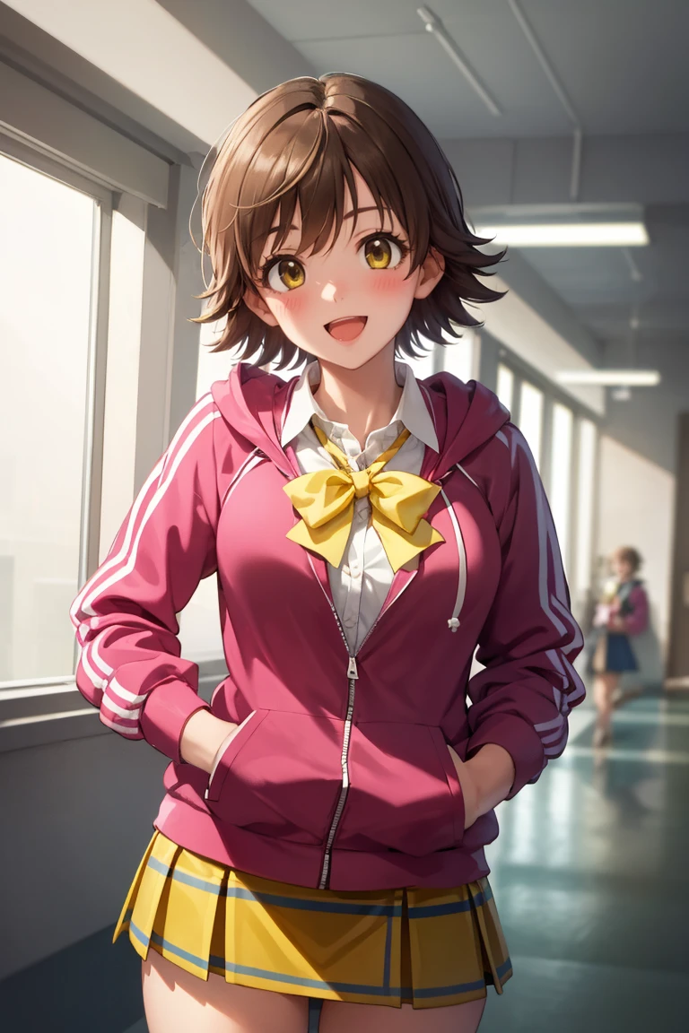 masterpiece, best quality, absurdres, 1girl, solo, MioBase, short hair, hooded track jacket, pink jacket, yellow bowtie, yellow skirt, hands in pockets, indoors, smile, :d, blush, <lora:HondaMio:1>