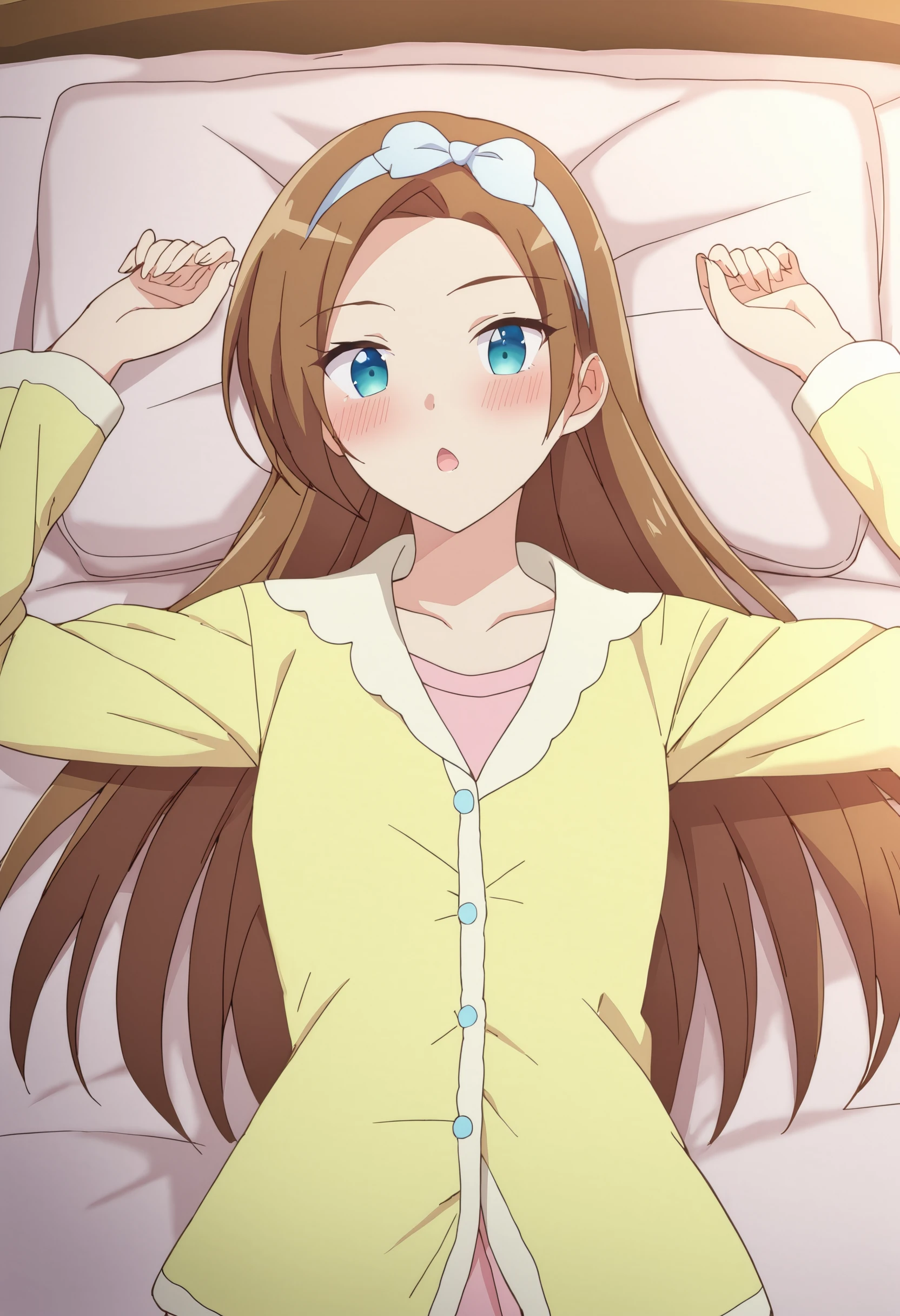 score_9, sysdeep_katarina, 1girl, solo, long_hair, blush, open_mouth, bangs, blue_eyes, on_bed, brown_hair, bow, hair_bow, hairband, lying, on_back, pajamas, anime_coloring, <lora:Katarina Claes  - [My Next Life as a Villainess - All Routes Lead to Doom!] - PonyXL Version 1:1>