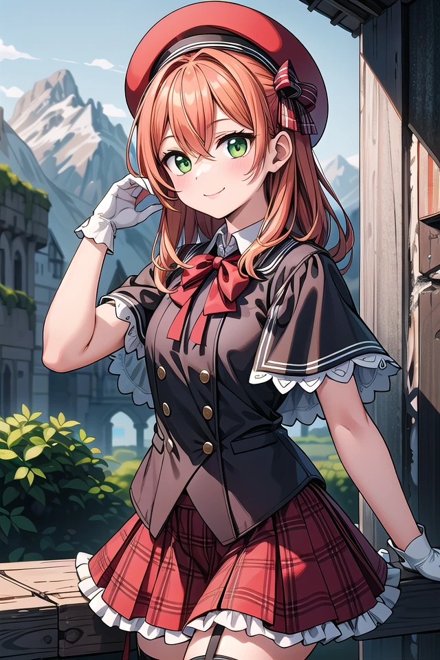 insanely detailed, absurdres, ultra-highres, ultra-detailed, best quality,
1girl, solo, nice hands, perfect hands
BREAK
(nsfw:-1.5),
(gothic drress, Idol costume:1.3), (red and white theme:1.2), (white blouse:1.4), (white collar, tie:1.3), (open short-cape:1.3), (short sleeve:1.2), (red tartan-check pattern (ruffle-skirt, multilayer-skirt):1.4), (white basque-beret with ribbon:1.3), (Fishnet stockings:1.3), (glove:1.2), (cleavage:-1.5)
BREAK
happy smile, laugh, closed mouth,
from below,
cute pose, cowboy shot, looking at viewer
BREAK
slender, kawaii, perfect symmetrical face, ultra cute girl, ultra cute face, ultra detailed eyes, ultra detailed hair, ultra cute, ultra beautiful
BREAK
on hilltop, mountainscape, mountain,
depth of field, ultra detailed background,
(very wide, panorama view, sense of depth, magnificent view:1.3)
BREAK
medium large breasts
BREAK
(orange hair, green eyes), long hair, hair between eyes