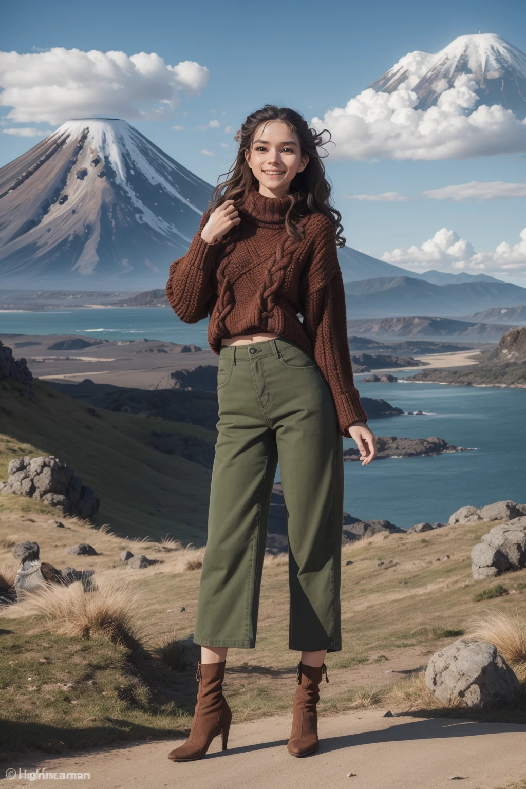 St Patrick's Day, <lora:Wolvie_l30nam1a_v2.6:1>, l30nam1a, 1girl, solo, makeup, realistic, laughing, Chunky cable-knit Aran sweater tucked into wide-leg trousers with heels, boho waves hair, with a volcano in the background, majestic bald eagle in the foreground, masterpiece, best quality, high resolution, perfect composition, realistic proportions, ultra sharp, perfect shadows, highly detailed, photorealistic, high realism
