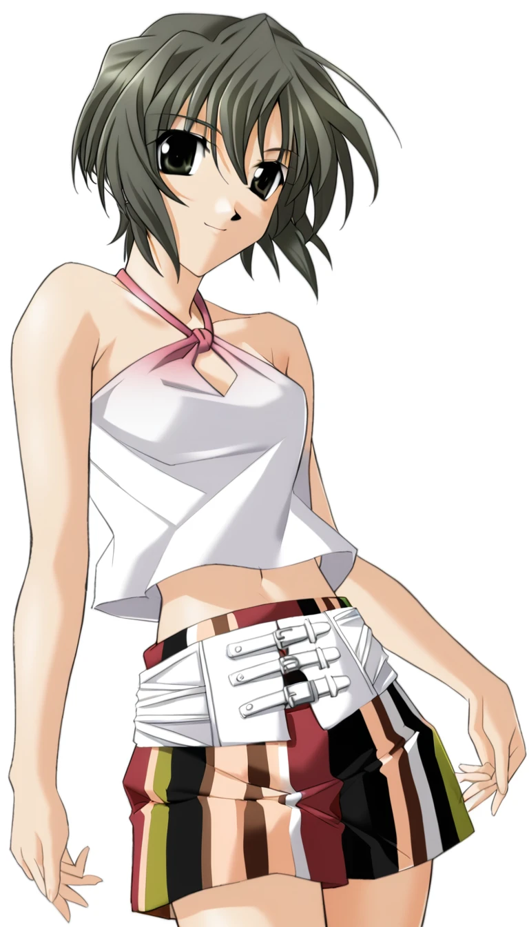 1girl,Kurosu Kanata,gradient crop top,a white waistband with three buckles,multicolored vertical striped short skirt,peach halterneck,1girl,solo,bare shoulders,midriff,white background,smile,simple background,looking at viewer,cowboy shot,standing,(detailed beautiful eyes:1.2),<lora:KurosuKanataXL:1>,