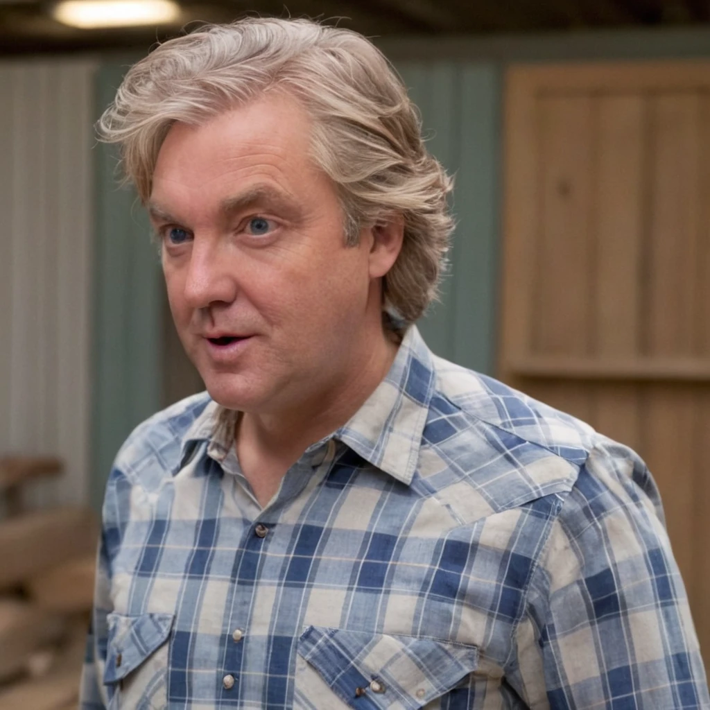 full body, jamesmay, solo, blue eyes, blonde hair, 1boy, male focus, standing in a tool shed, wearing a blue and white plaid shirt