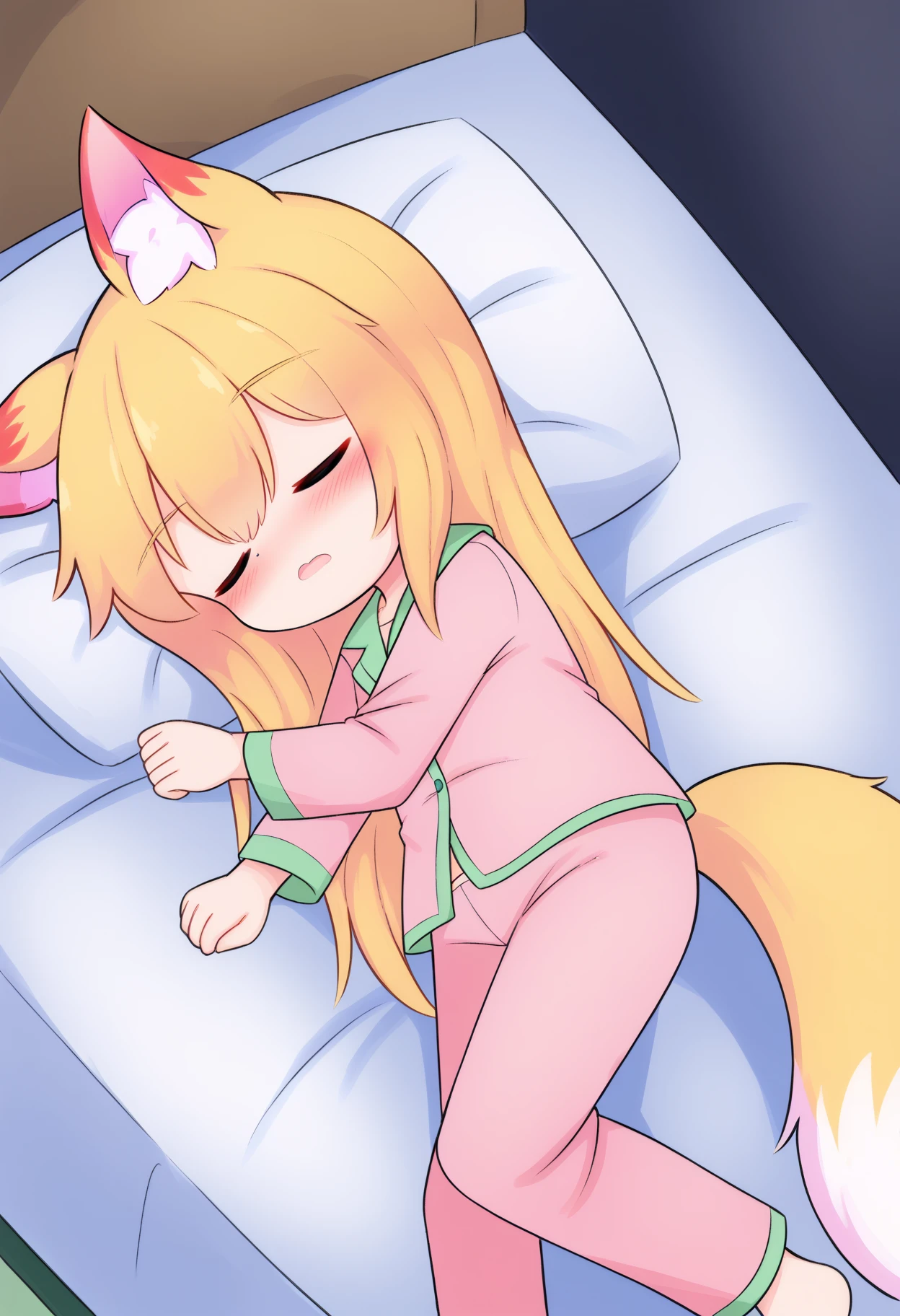 score_8_up, score_7_up, score_6_up, best quality, masterpiece, uncensored, source_anime, by aaaa \(quad-a\), 
BREAK
bed, on_bed, bedroom, :3, sleeping, pajamas, covered with blanket
BREAK
sen, blonde hair, animal ears, fox ears, blush, animal ear fluff, hair ornament, fox girl, hair flower, hair between eyes, short hair, fox tail, tail, flat chest, yellow eyes, young girl
<lora:senko_ponyxl_v1:1>