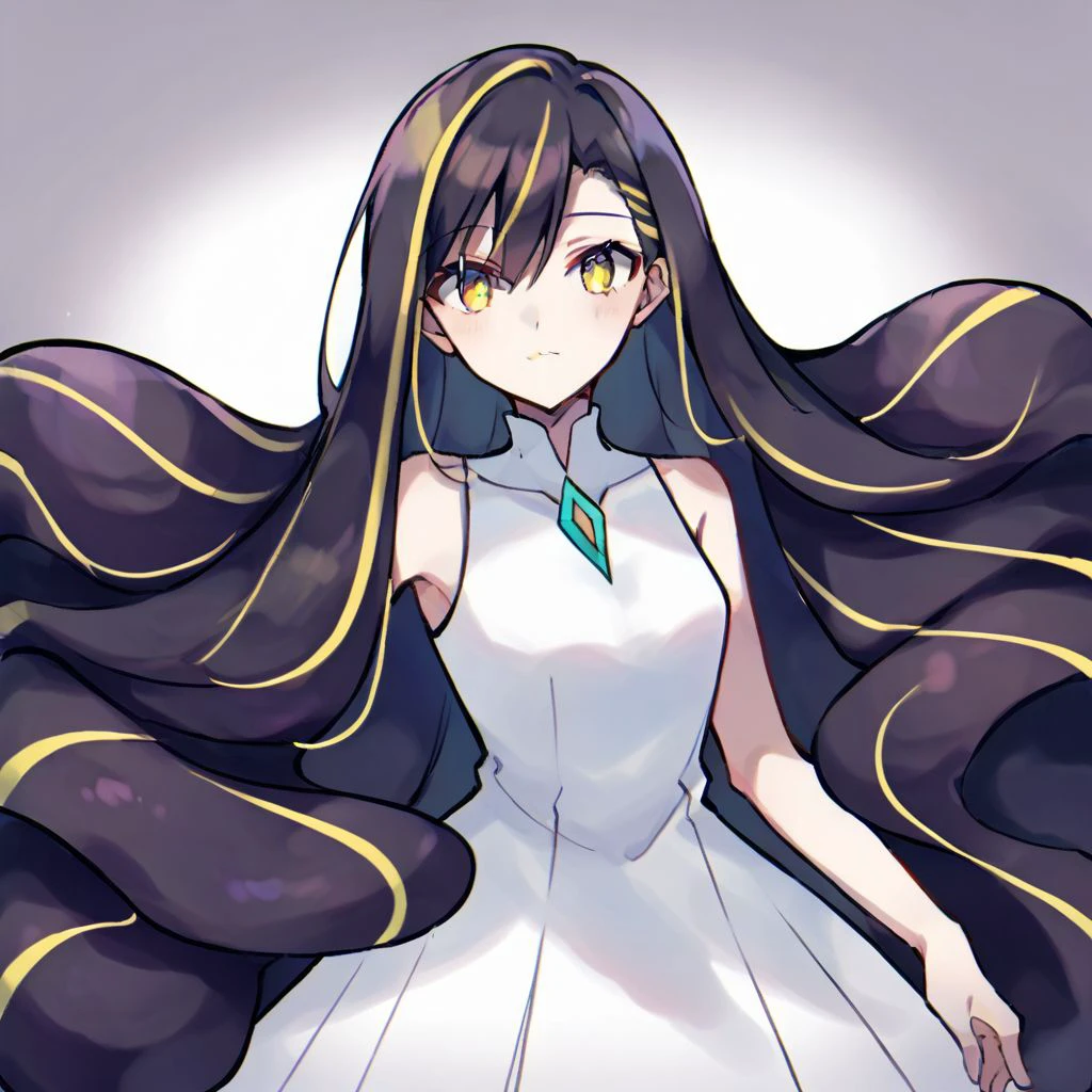 1girl, solo, Lusamine, long hair, black hair, streaked hair, yellow eyes, dress, sleeveless