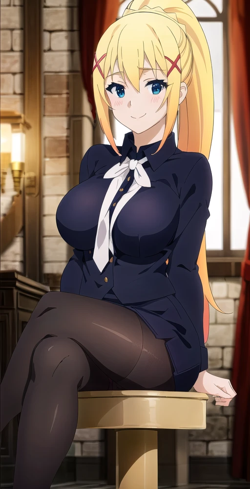 DarknessV2, 1girl, solo, looking at viewer, smile, portrait, ponytail, casual dress, blue button shirt, long sleeves, blue miniskirt, pantyhose, x hair ornament, white neckerchief, big breasts, sitting, legs crossed, perfect quality, good quality, masterpiece, HDR, UHD <lora:Darkness V2-000003:0.75>