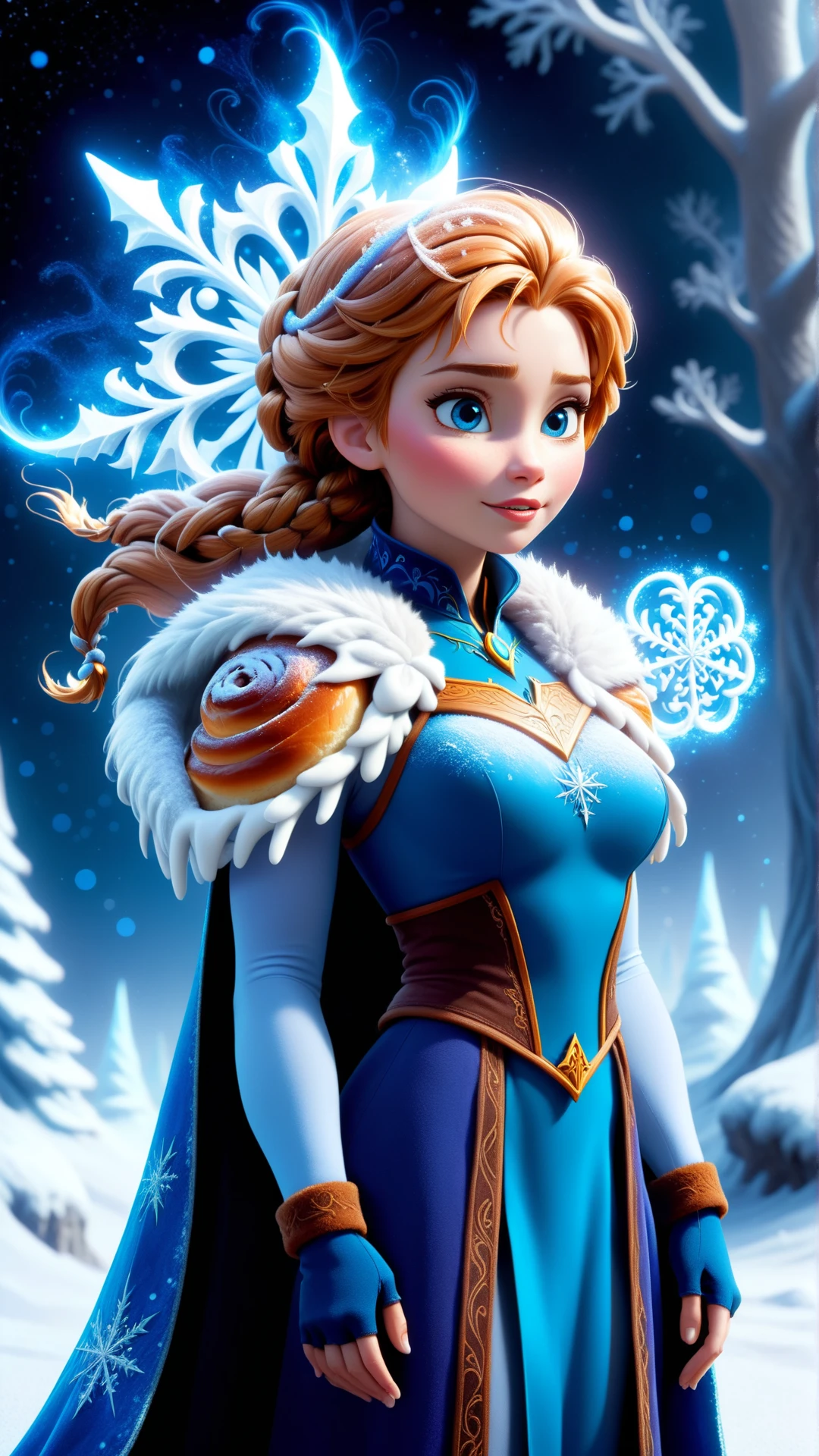 <lora:CinnamonBunStyleXL:1>CinnamonBunStyle portrait, solo, (full body:0.6), looking away, detailed background, detailed face, (<lora:DemonicTech:0.6>, demonictech theme:1.1), frost wizard, wearing fur trimmed blue-white sorcerer vest, 10%fingerless gloves, cape, casting spell, focused concentration, realm of frost, surrounded by frosty power, floating particles, frosty patterns, mysticla glyphs, sleet storm in background, wisps of frosty mist , soft illumination, blizzard, serene atmosphere, **(disney, elsa, anna:1.2),**, tasty baked goods, 24mm, (analog, cinematic, film grain:1.3), Bokeh DOF, (Masterpiece:1.3) (best quality:1.2) (high quality:1.1)