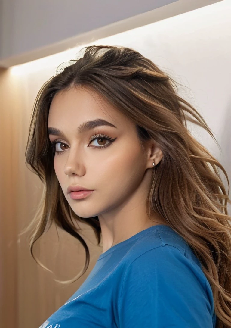 Seltin, portrait, eye makeup,wearing t shirt,,looking over shoulder, long hair