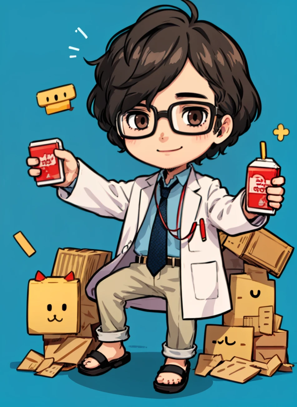 (masterpiece, best quality:1.2), chibi, full body, 1boy, solo, smile, looking at viewer, holding juice box, <lora:MarukiP5:0.9> marukiP5, glasses, stubble, labcoat, necktie, sandals, blue background, <lora:cute_social_Comic:0.65> cute comic