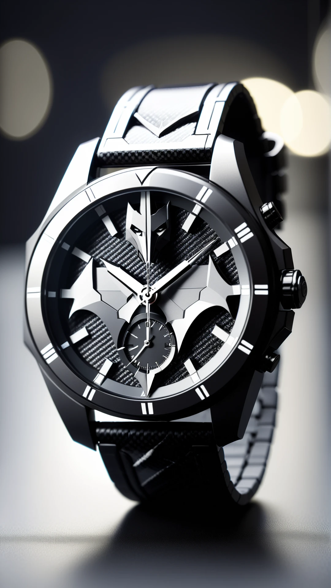 <lora:BatmanCoreXL:1>BatmanCore classic wristwatch, sleek, (carbon fiber:0.7), (tech:0.8), (sci-fi:0.7), 24mm, (analog, cinematic, film grain:1.3), Bokeh DOF, (Masterpiece:1.3) (best quality:1.2) (high quality:1.1)