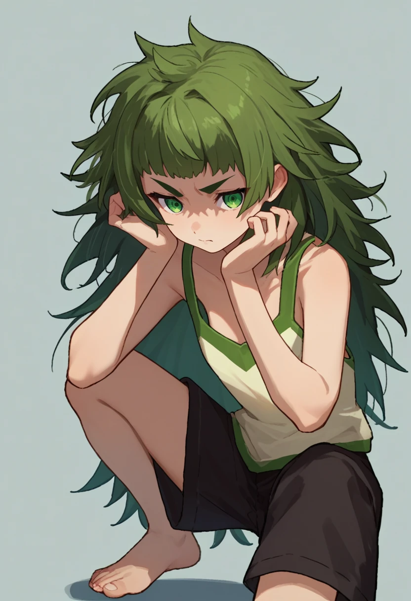 score_9, score_8_up, score_7_up, source_anime, 1girl,  hiyajou maho, messy hair,  green eyes,  singlet, black shorts, squatting,  <lora:Maho-000008:1>