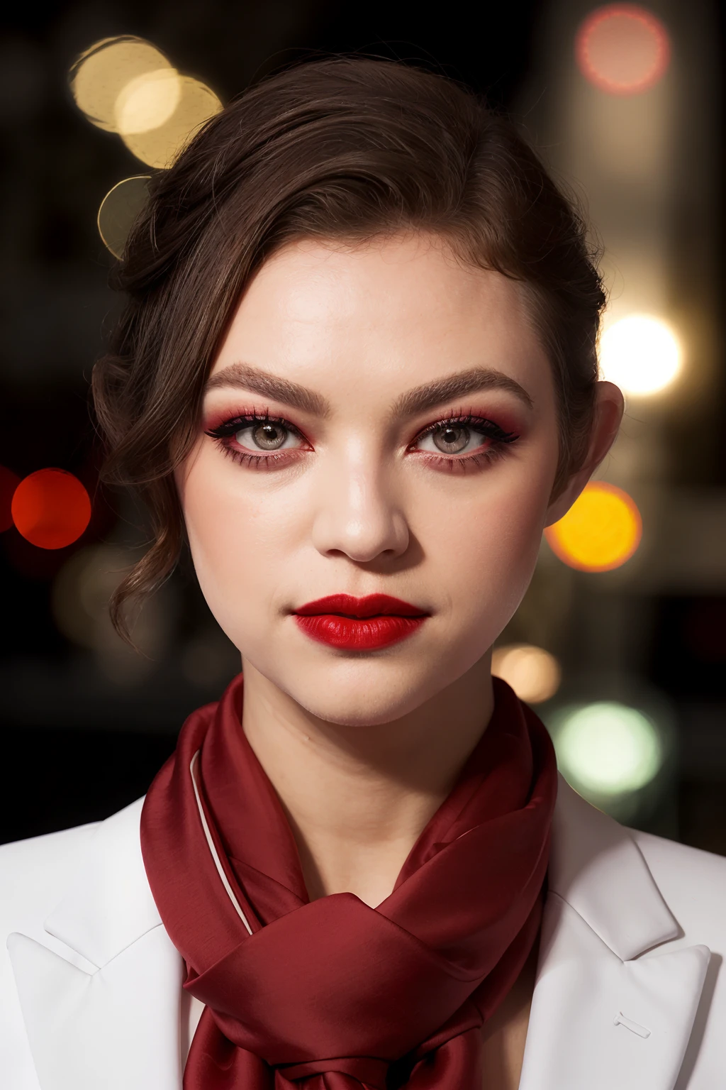 elvyyost, woman, portrait, highly detailed, white suit, makeup, red lips, scarf, eyeshadows, shallow depth of field, bokeh, lights in the background
 <lora:ElvyYostSD_v1a:1>