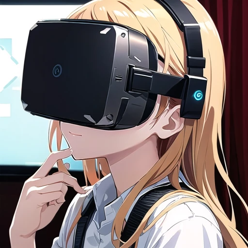 masterpiece, Highest Quality, Highest Resolution, perfect background, perfect perspective, sharp image, perfect details, perfect lighting, perfect shadows, Perfect lighting, Best background, best anime, 1girl, VR headset, head-mounted display,
