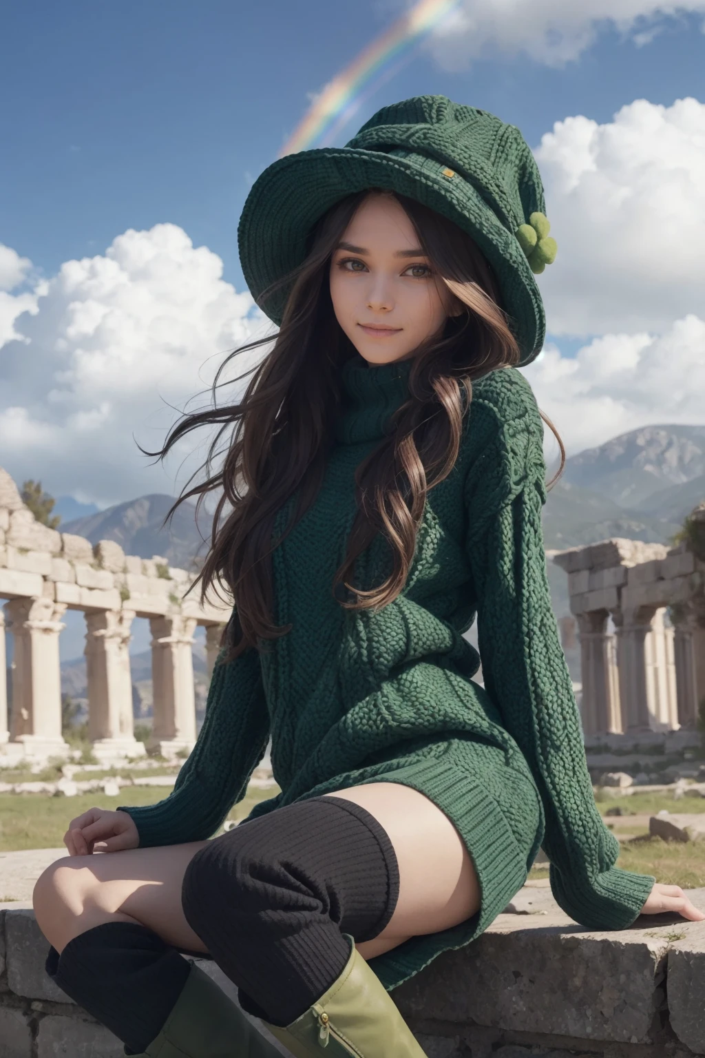 St Patrick's Day, <lora:Wolvie_l30nam1a_v2.6:1>, l30nam1a, 1girl, solo, makeup, realistic, smile, Cable-knit Aran sweater dress with knee-high boots and a wide-brim hat, loose waves hair, with a rainbow in the sky in the background, ancient ruins in the foreground, masterpiece, best quality, high resolution, perfect composition, realistic proportions, ultra sharp, perfect shadows, highly detailed, photorealistic, high realism