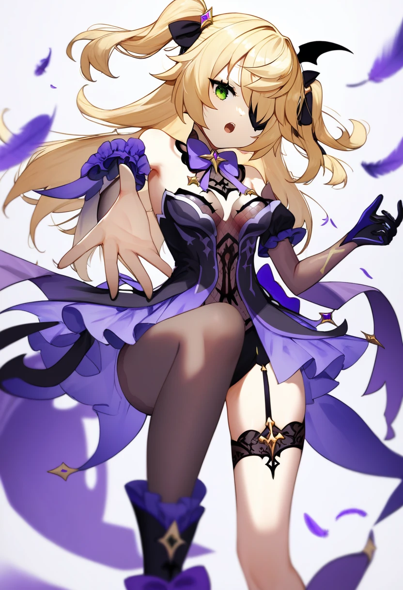 score_9, score_8_up, score_7_up, score_6_up, <lora:DPOXL:1> <lora:scottieXL_JS2_lokr_V1225:1> 1girl, fischl \(genshin impact\), solo, eyepatch, blonde hair, thighhighs, green eyes, single glove, breasts, long hair, two side up, gloves, open mouth, garter straps, bow, looking at viewer, black nails, high heels, purple bow, single leg pantyhose, boots, bowtie, dress, black gloves, medium breasts, black thighhighs, bare shoulders, single thighhigh, nail polish, feathers, purple bowtie, bangs, small breasts, outstretched arm, hair ribbon, white background, elbow gloves