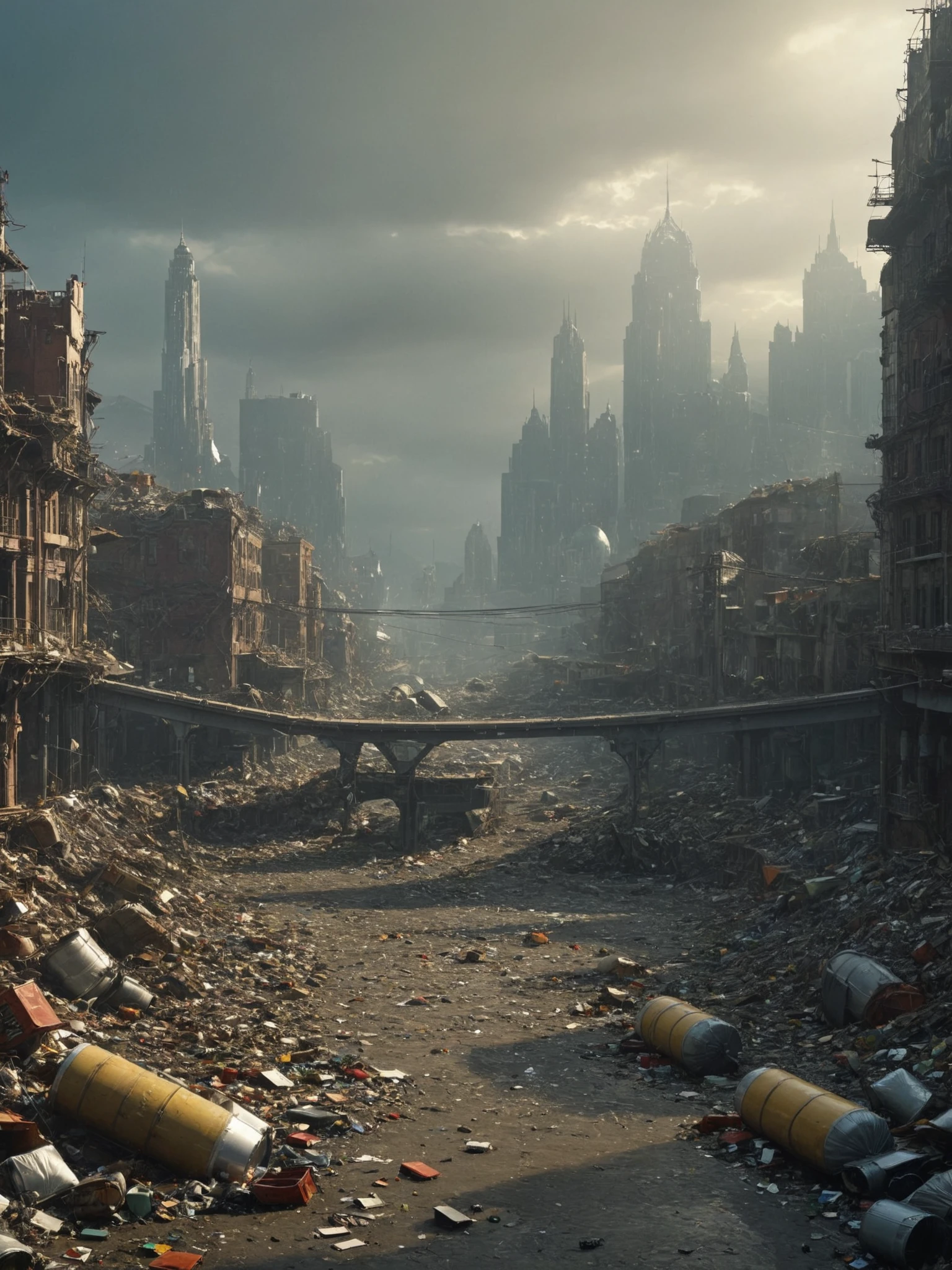 shining city surrounded by mile-high mountains of garbage <lora:Decopunk_XL_v3:1> d3c0pnuk, str34ml1n3