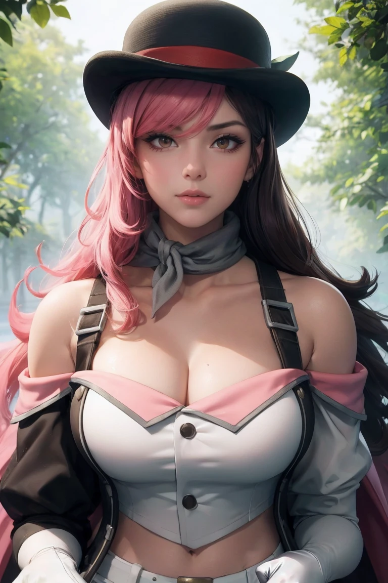 masterpiece, best quality, high quality, highres, outdoors, day, upper body, looking at viewer, solo, focused, BREAK, 
CARTOON_RWBY_neo_politan_ownwaifu,
1girl, brown hair, brown eyes, breasts, large breasts, heterochromia, pink eyes, hair between eyes, bangs, collarbone, shiny skin, hair over one eye, long hair, multicolored hair, pink hair, hat, split-color hair, two-tone hair, bowler hat, 
navel, cleavage, belt, white gloves, black headwear, detached sleeves, midriff, white pants, bare shoulders, belt buckle, black sleeves, off shoulder, white belt,  tight pants,
<lora:CARTOON_RWBY_neo_politan_ownwaifu:0.9>