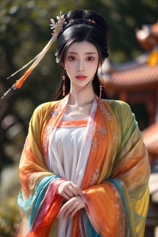 1girl,realistic,upper_body,masterpiece, best quality ,black eyes,black hair, 1girl, solo,<lora:LinYueQingV4:0.9>,orange hanfu,chinese clothes, hair ornament, hair bun,looking_at_viewer,<lora:more_details:0.6>