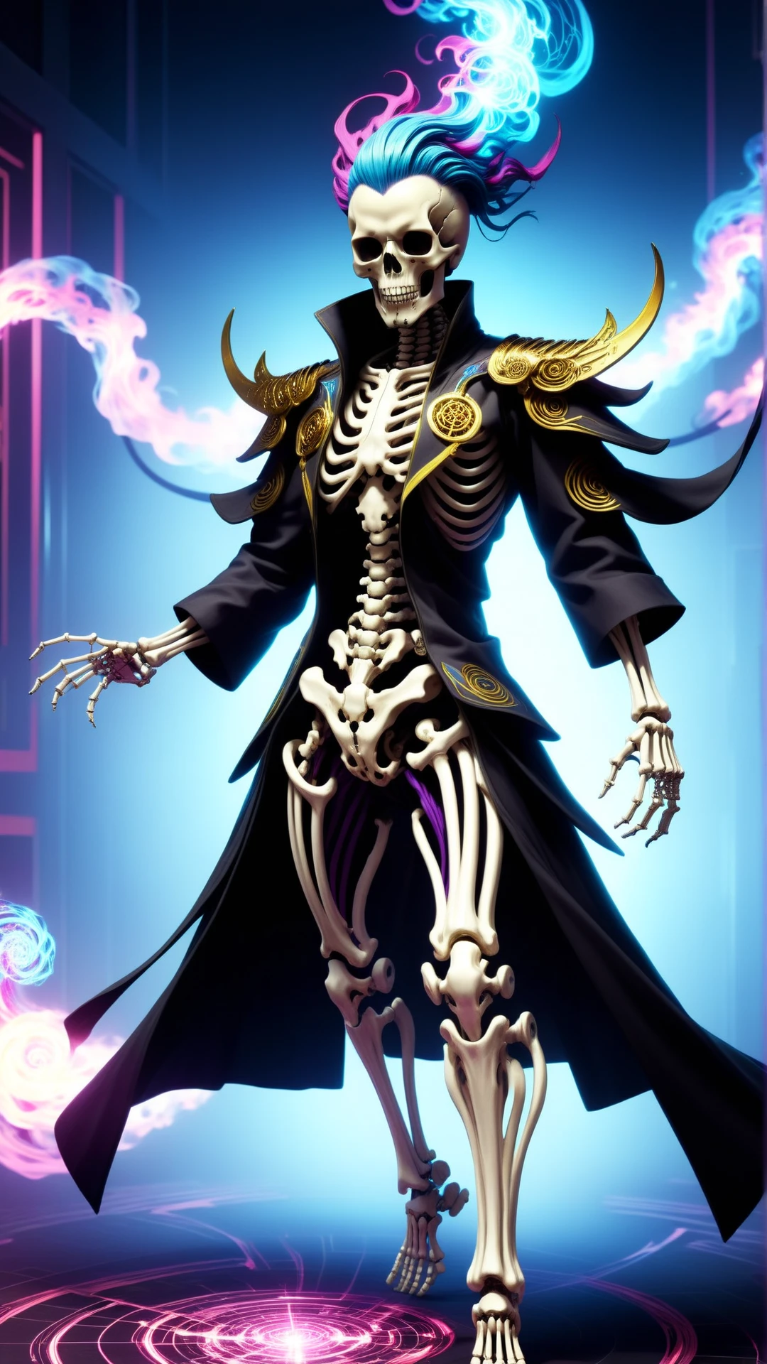 skeleton necromancer, skull, purple robe, cyan magic, glowing, full body, <lora:sxz-concept:0.7>