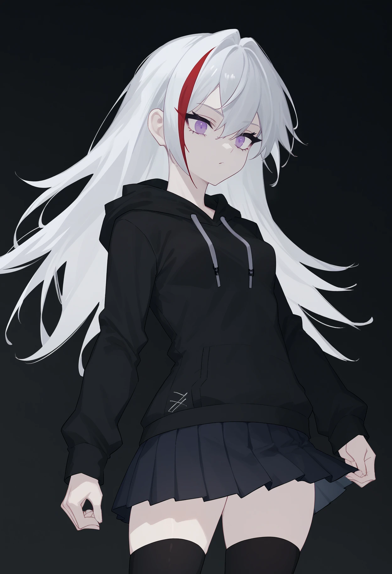 score_9, score_8_up, score_7_up, score_6_up, source_anime, BREAK 1girl, long hair, silver hair, streaked hair, red hair, purple eyes, black hoodie, long sleeves, small breasts, pleated skirt, black thighhighs, dutch angle, gradient background, black background, <lora:EonsangManualPDXLV2:1>