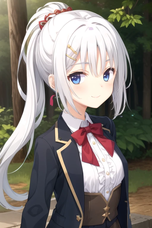 ((masterpiece)),(best quality),official art,extremely detailed CG,unity 8k wallpaper,ultra detailed,beautiful detailed eyes,extremely detailed face,forest,nature,1girl,solo,upper body,(portrait:1.5),looking at viewer,facing viewer,smile,wind,(petite:1.2),Tomotake Yoshino,long hair,white hair,high ponytail,hair intakes,hair ornament,parted bangs,blue eyes,blue jacket,open jacket,red bowtie,white shirt,long sleeves,large breasts,button,blue skirt,frilled skirt,black pantyhose,loafers,<lora:Tomotake Yoshino(sb):0.8>,