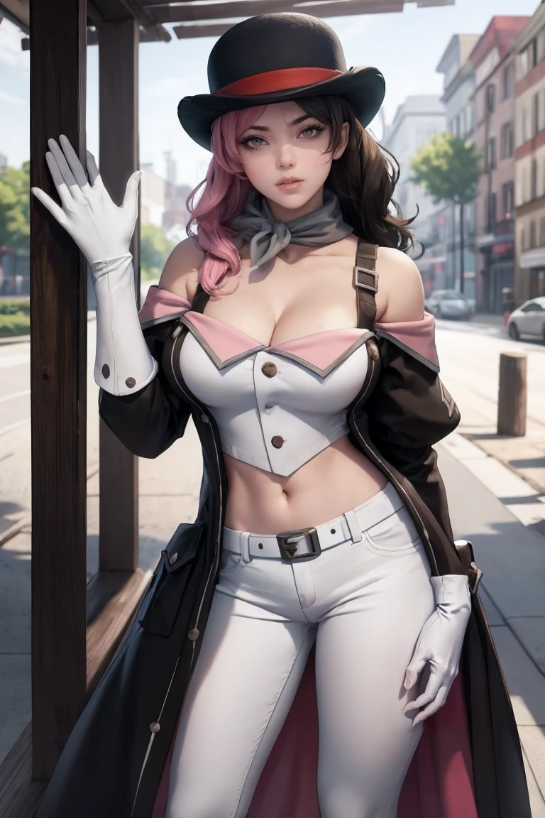 masterpiece, best quality, high quality, highres, outdoors, day, upper body, looking at viewer, solo, focused, BREAK, 
CARTOON_RWBY_neo_politan_ownwaifu,
1girl, brown hair, brown eyes, breasts, large breasts, heterochromia, pink eyes, hair between eyes, bangs, collarbone, shiny skin, hair over one eye, long hair, multicolored hair, pink hair, hat, split-color hair, two-tone hair, bowler hat, 
navel, cleavage, belt, white gloves, black headwear, detached sleeves, midriff, white pants, bare shoulders, belt buckle, black sleeves, off shoulder, white belt,  tight pants,
<lora:CARTOON_RWBY_neo_politan_ownwaifu:1>