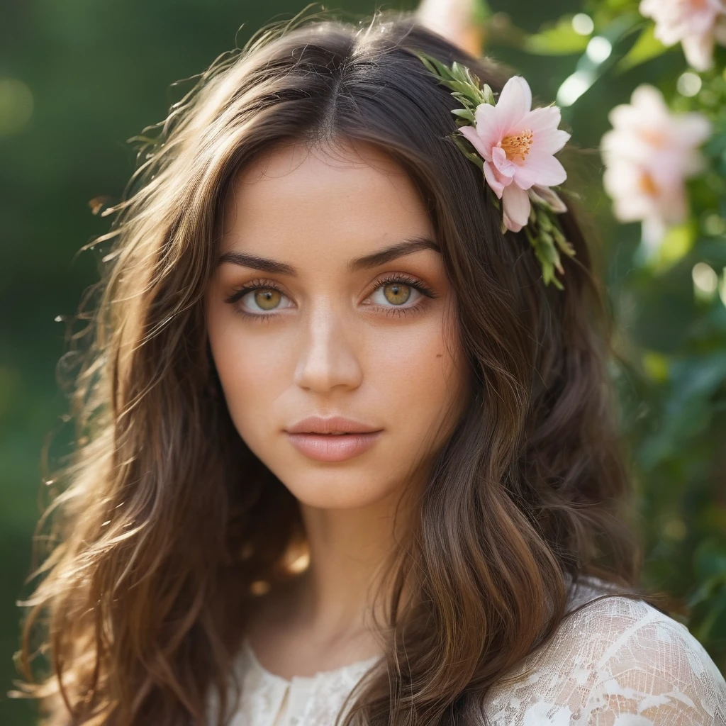 Skin texture, no makeup, Super high res closeup portrait photo of an pretty woman outdoors with long slightly wavy hair, decorative flowers in her hair,f /2.8, Canon, 85mm,cinematic, high quality,looking at the viewer,     <lora:anarmas2_xl4_standard-merger_36_55_70_92_025_025_025_025:1>