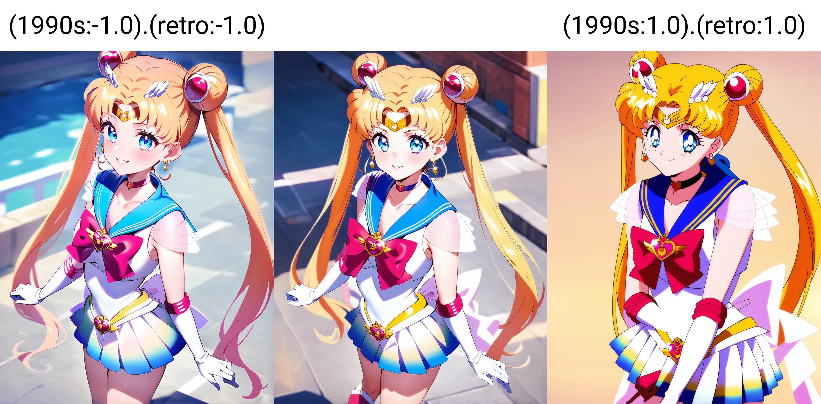 1girl, solo,<lora:sdxl-supersailormoon-kohakuXLDelta_rev1-v1:1>, supersailormoon, double bun, twintails, circlet, earrings, choker, bow, gloves, miniskirt, ,standing ,, smile,, <lora:ALTXL_001_4:2>, best quality,medium quality, (1990s:-1.0).(retro:-1.0)