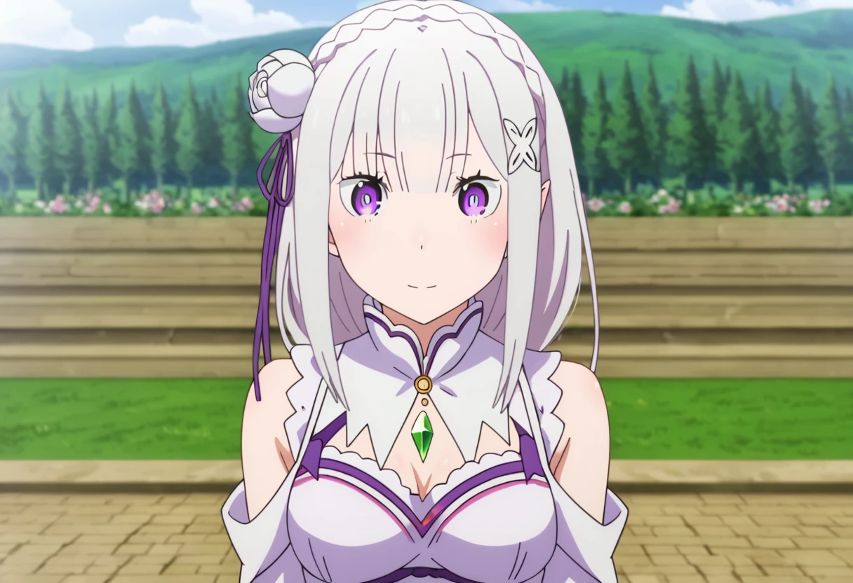 <lora:emilia:1> emilia, 1girl, emilia (re:zero), solo, hair ornament, long hair, x hair ornament, flower, purple eyes, bangs, ribbon, hair ribbon, hair flower, outdoors