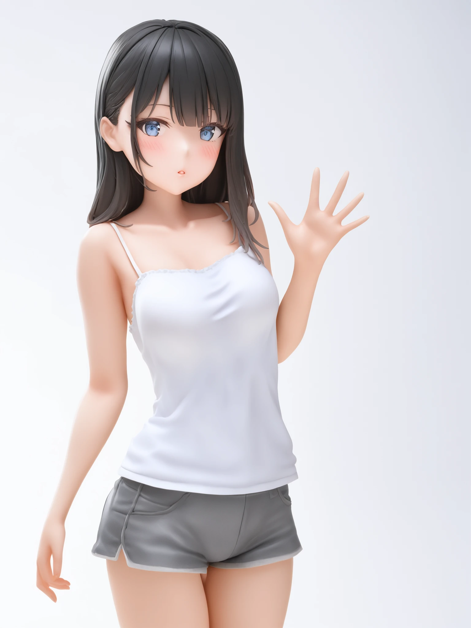 <lora:xl_figure style(kohaku_Delta)2-000002:1>,figure style,pvc parfait,photorealistic,8k,photo (medium),1girl,solo,black hair,long hair,shorts,white background,simple background,looking at viewer,blush,collarbone,blue eyes,camisole,bangs,hand up,grey shorts,parted lips,short shorts,cowboy shot,bare shoulders,white camisole,standing,bare arms,white shirt,waving,shirt,sleeveless,, (masterpiece,best quality,ultra detailed,highres,absurdres:1.2)