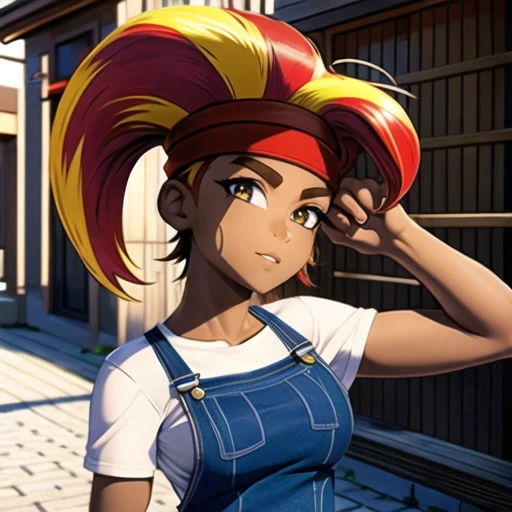 masterpiece, Highest Quality, Highest Resolution, perfect background, perfect perspective, sharp image, perfect details, perfect lighting, perfect shadows, Perfect lighting, Best background, best anime, 1girl, medium breasts, blue jean overalls, side burns, multicolored hair, red hair, dark skinned female, large eyebrows. yellow hair, red bandanna, gwendolyn, furry female, fur body, monkey girl, animal tail, side burns, fur on face,