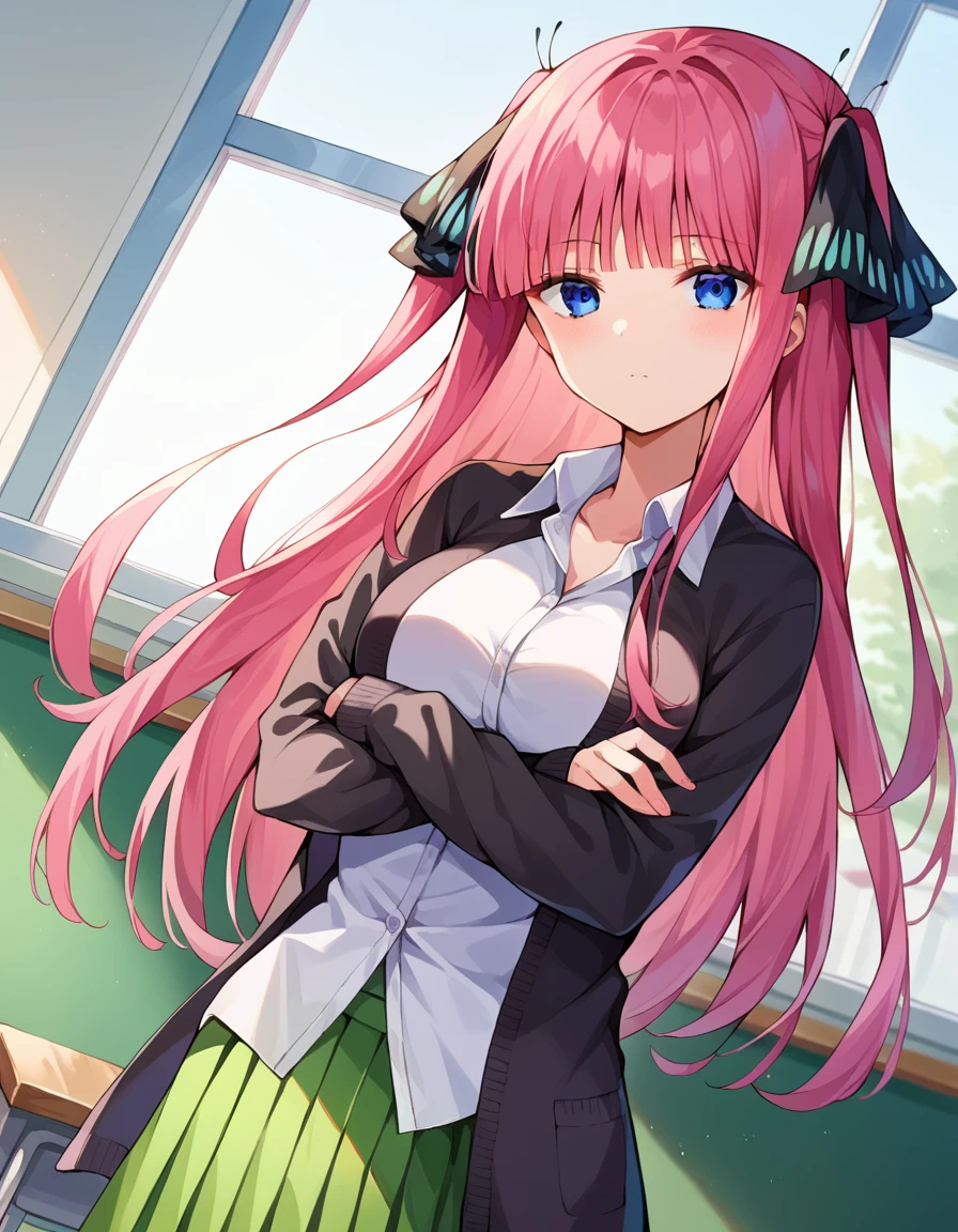 score_9, score_8_up, score_7_up, source_anime,
ninonakano, <lora:nino-nakano-pruned-ponyxl-lora-nochekaiser:1>,
nino nakano, long hair, bangs, blue eyes, hair ornament, hair ribbon, pink hair, blunt bangs, two side up, butterfly hair ornament, mature female,
skirt, shirt, long sleeves, white shirt, pleated skirt, open clothes, collared shirt, sleeves past wrists, dress shirt, cardigan, green skirt, open cardigan, black cardigan, crossed arms,
indoors, classroom,
looking at viewer, cowboy shot, dutch angle,