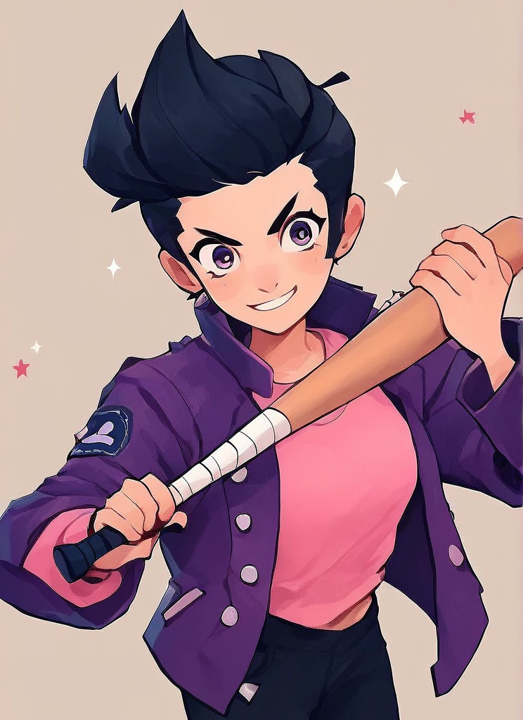 score_9 ,score_8_up , score_7_up, score_6_up, score_5_up, score_4_up <lora:bsbibixl-000004:1>bsbibi , 1 girl , black hair , , short hair , sideburns ,cute , pompadour up , anime eyes , purple jacket, pink shirt, , Black Pants , smile , Holding a baseball bat