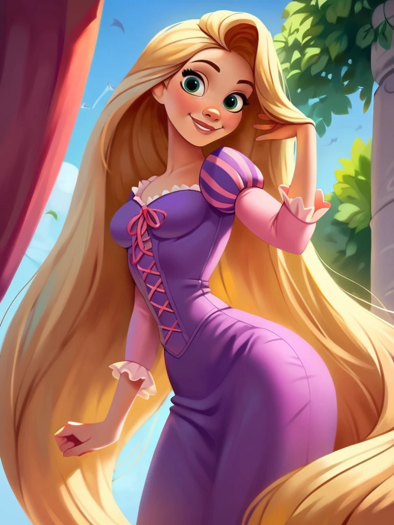 score_9, score_8_up, score_7_up, score_6_up, RapunzelWaifu in a balcony in the top of a tower, leaning forward, cute pose, medium breasts, narrow waist, wide hips, thick thighs, smile, blue eyes, purple dress, puffy sleeves, very long hair, blonde, green eyes, anime style, looking at viewer, cute, detailed landscape, cowboy shot, cartoon, 4k, masterpiece,
<lora:RapunzelPonyXL_character:0.7>