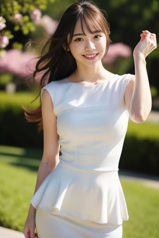 1girl,(RAW photo, best quality), (realistic, photo-realistic:1.4), masterpiece, an extremely delicate and beautiful, extremely detailed, 2k wallpaper, Amazing, finely detail, extremely detailed CG unity 8k wallpaper, ultra-detailed, highres, soft light, beautiful detailed girl, extremely detailed eyes and face, beautiful detailed nose, beautiful detailed eyes,cinematic lighting,perfect anatomy,slender body,
wearing a white peplum dress,white skirt(bokeh:1.2),smile,(playful poses)
at a flower park,sakura flowers,flower garden,
 <lora:katoyuri_lora:0.8>