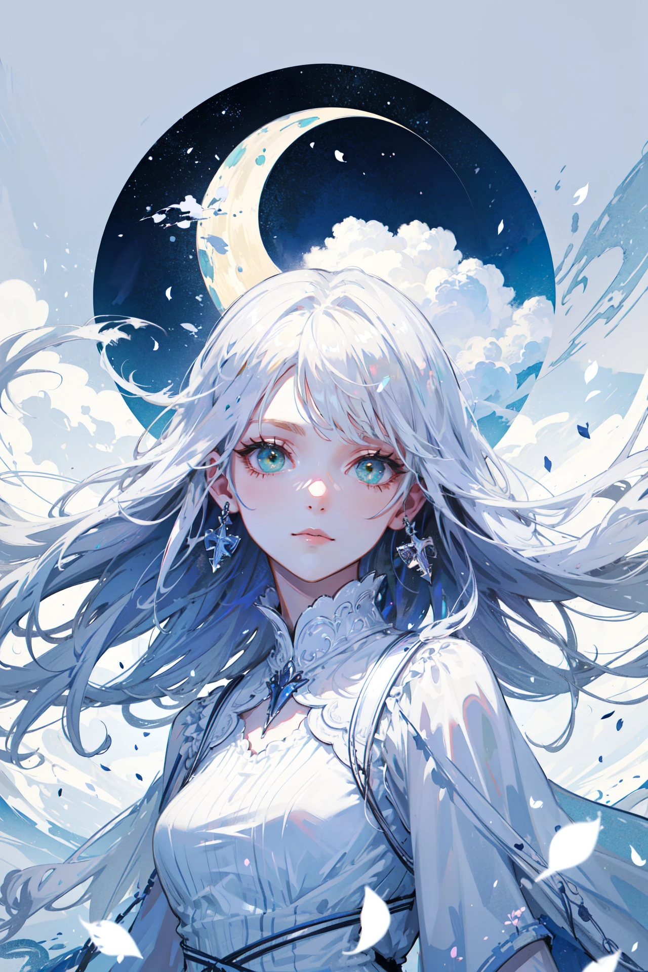 ((best quality, masterpiece, absurbres, super-resolution)) Pure white, (white color:1.4) Innocence, Goddess, White clouds, White Petals