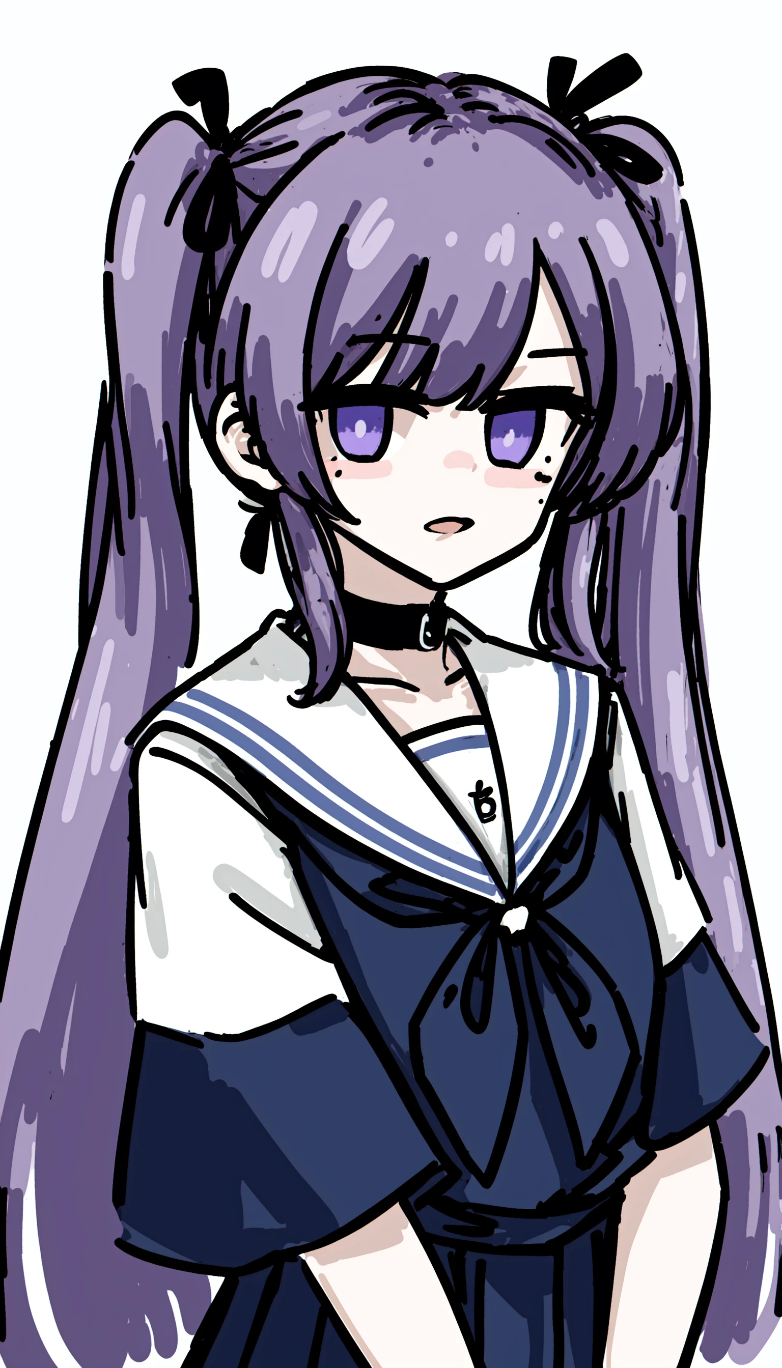1girl, solo, twintails, white background, long hair, purple eyes, purple hair, simple background, white sailor collar, sailor collar, looking at viewer, black shirt, neck ribbon, short sleeves, parted lips, mole under eye, bangs, shirt, ribbon, mole, school uniform, purple ribbon, serafuku, stuffed toy, upper body