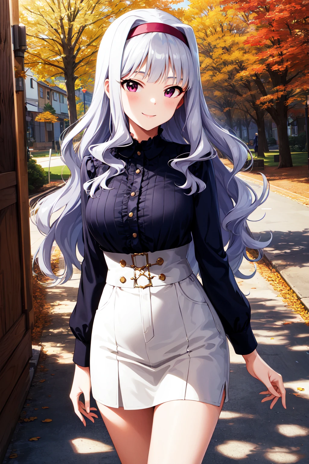 masterpiece, best quality, highres, aatakane, long hair, hairband, <lora:shijou_takane_v1:0.7>, high-waist skirt, shirt, autumn, smile, cowboy shot,
