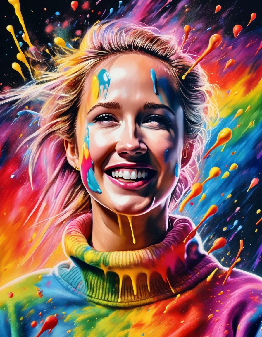 hyperrealistic painting <lora:Anna Camp-000007:1.0> , close, face focus, photo of (anncmptru woman), snapshot aesthetic, dramatic lighting, color cannon explosion, paint on body, rainbow colored sweater, splash, particles, dynamic background,, (masterpiece, best quality, ultra-detailed, best shadow), high contrast, (best illumination), ((cinematic light)), colorful, hyper detail,