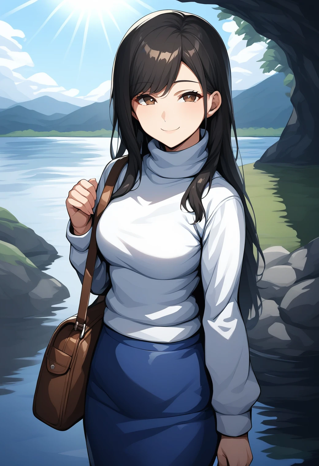 1girl, (lake:1.4), (sky:1.4), (sunlight:1.4), day, BLEAK cowboy shot, shoulder bag,
looking at viewer, smile, closed mouth, nakayama_megumi, brown eyes, black hair, long hair, white sweater, turtleneck, blue skirt, <lora:nakayama_megumi_pony_ver1:0.7>, score_9, score_8_up, score_7_up, BREAK source_anime, rating_explicit, best quality, masterpiece, uncensored, solo,