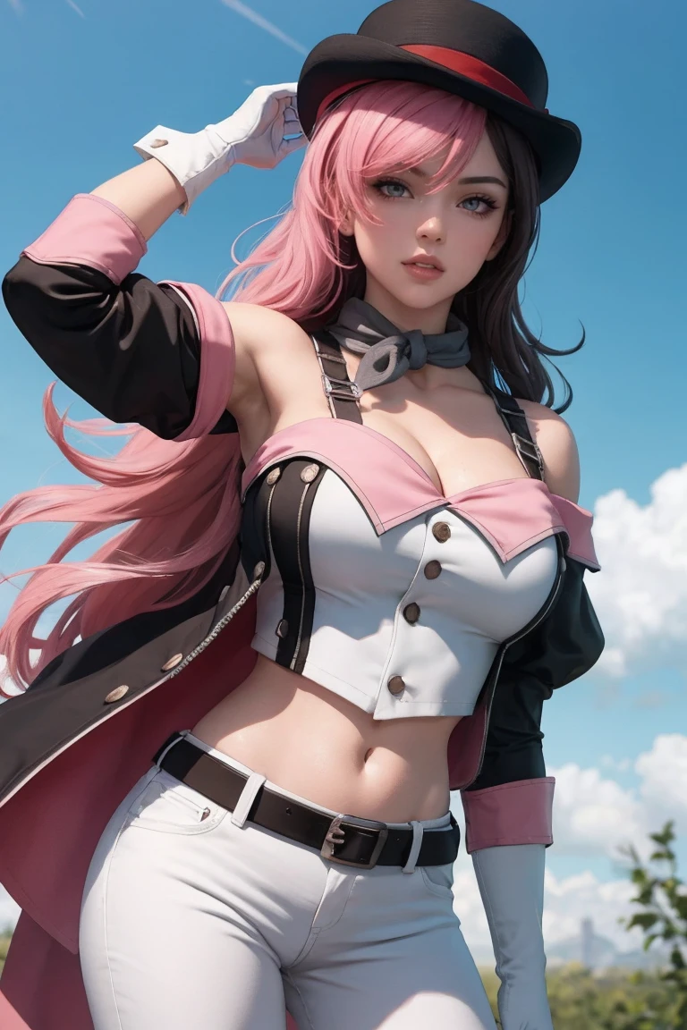 masterpiece, best quality, high quality, highres, outdoors, day, upper body, looking at viewer, solo, focused, BREAK, 
CARTOON_RWBY_neo_politan_ownwaifu,
1girl, brown hair, brown eyes, breasts, large breasts, heterochromia, pink eyes, hair between eyes, bangs, collarbone, shiny skin, hair over one eye, long hair, multicolored hair, pink hair, hat, split-color hair, two-tone hair, bowler hat, 
navel, cleavage, belt, white gloves, black headwear, detached sleeves, midriff, white pants, bare shoulders, belt buckle, black sleeves, off shoulder, white belt,  tight pants,
<lora:CARTOON_RWBY_neo_politan_ownwaifu:0.65>