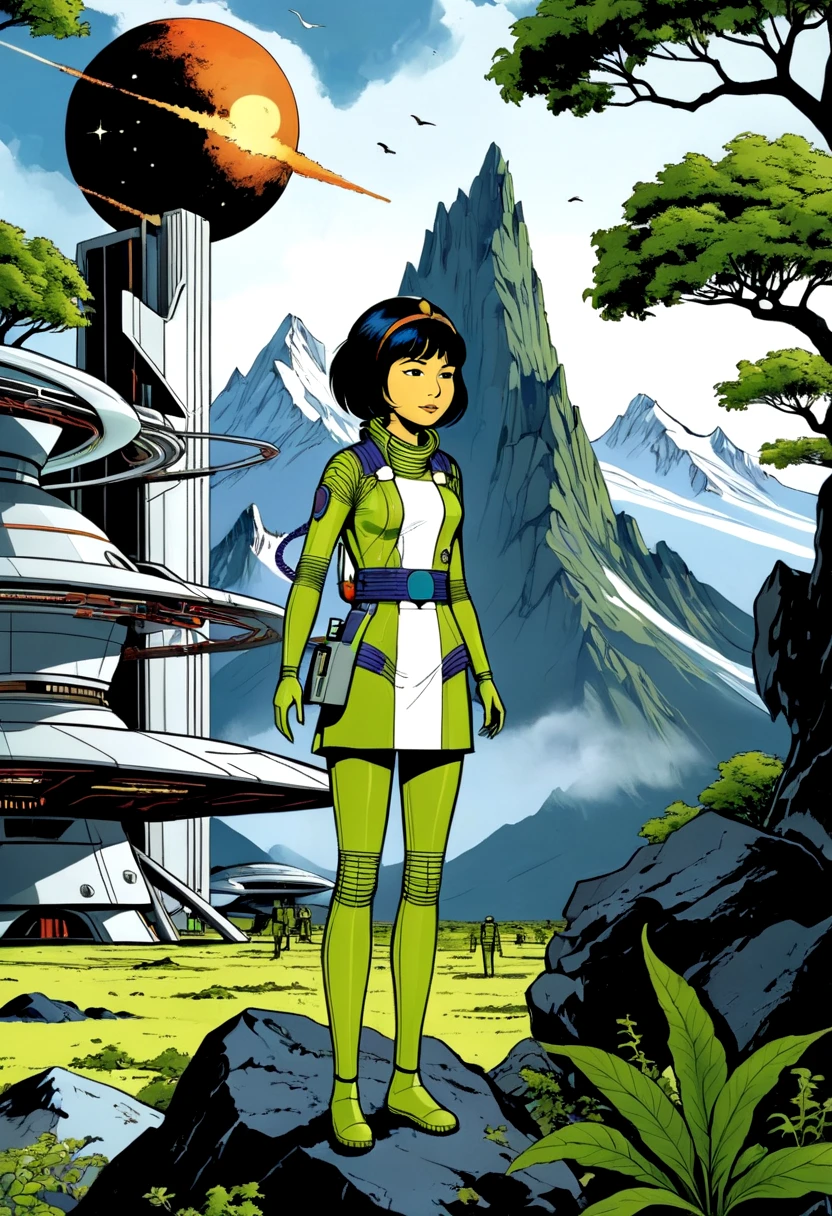 (best quality, masterpiece, absurdres, highres, ultra_detailed, dynamic angle:1.2), Yoko Tsuno <lora:yoko_tsuno-xl-v2-000014:0.7>, 1girl, full body visible, beige hairband, white and green bodysuit, green skirt, green boots, spacesuit, spacecraft, alien planet, mountains, futuristic buildings, strange plants and trees, 1990s \(style\), traditional media, retro artstyle, graphic novels illustration, cross hatching, futuristic, sci-fi, (intricate details, hyperdetailed:1.15), (ultrahigh resolution textures), (volumetric, cinematic) lighting