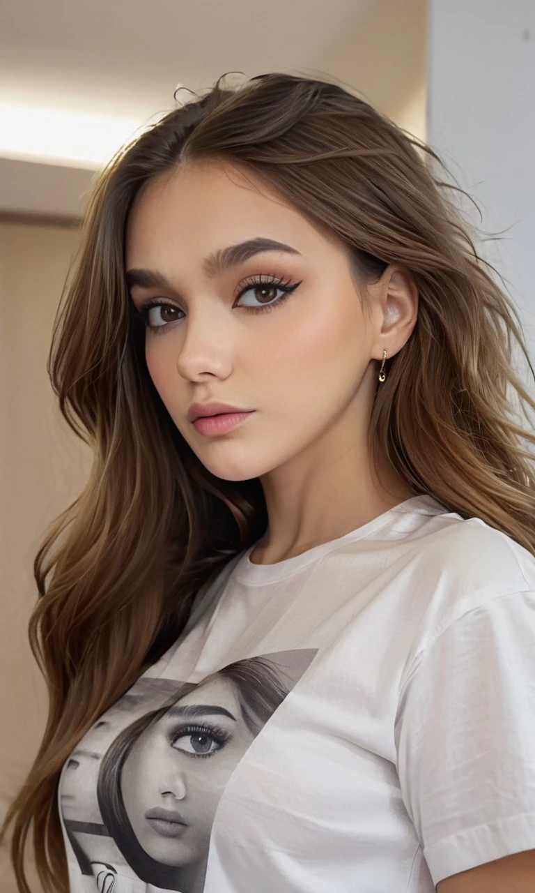 Seltin, portrait, eye makeup,wearing t shirt,,looking over shoulder, long hair