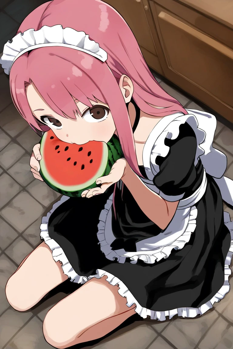score_9, score_8_up, score_7_up, rating_safe BREAK
1girl, :t, looking at viewer, long hair, pink hair, brown eyes, black dress, maid dress, flat chest, sitting, on floor, eating, watermelon, from above, kitchen