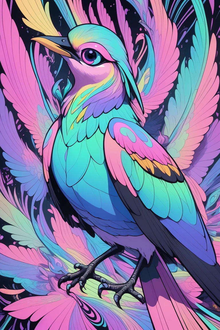 masterpiece, best quality, bird, exotic, highly detailed, psychedelic background,hud_pstl_gth_styl, <lora:HUD_pstl_gth_styl-08:0.6>