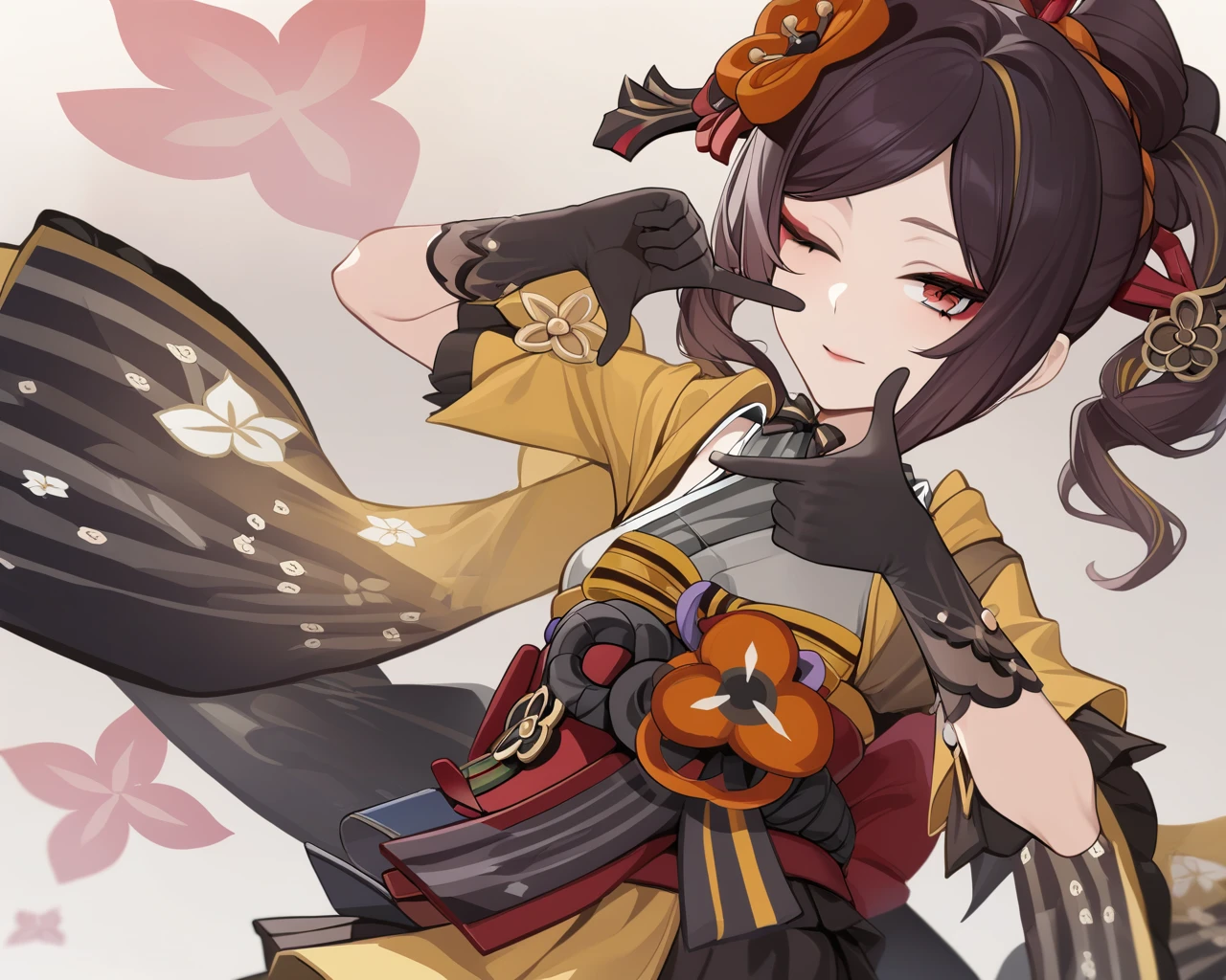 <lora:ChioriGenshinImpact_AnimagineXL-000030:0.8>chiori, 1girl, red eyes, brown hair, side ponytail, makeup, hair ornament, japanese clothes, kimono, sash, (black gloves), <lora:fingerframeXLv2:1> finger frame, one eye closed, face focus,, masterpiece,best quality,