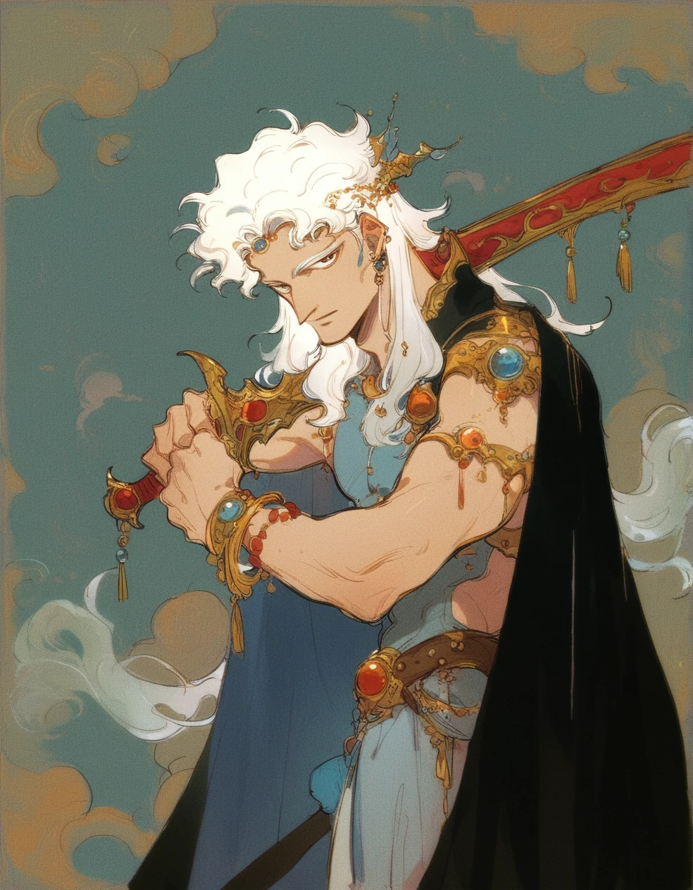 <lora:amano_yoshitaka_style_pony:0.9> score_9, score_8_up, score_7_up, score_6_up, 
 amano yoshitaka, 1boy, male focus, holding sword, dual weilding, long hair, white hair, solo, cape, jewelry,
