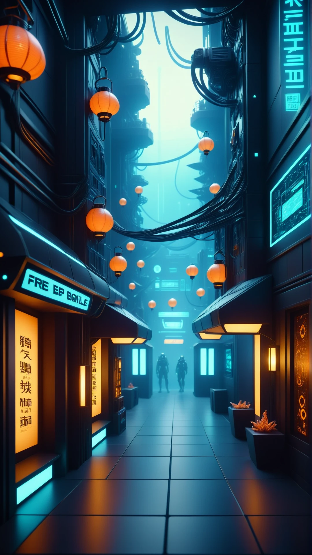 <lora:CyberpunkWorldXL:1>CyberpunkWorld black market hub,  nanoceramic building panels, luminescent deep-sea creatures,fire bowls, wall-mounted lanterns
, cyberpunk, sci-fi, tech, 24mm, (analog, cinematic, film grain:1.3), Bokeh DOF, (Masterpiece:1.3) (best quality:1.2) (high quality:1.1)