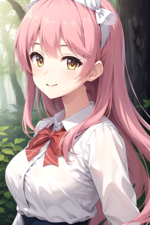 ((masterpiece)),(best quality),official art,extremely detailed CG,unity 8k wallpaper,ultra detailed,beautiful detailed eyes,extremely detailed face,forest,nature,1girl,solo,upper body,(portrait:1.5),looking at viewer,facing viewer,smile,wind,(petite:1.2),Kurama Koharu,very long hair,pink hair,shiny hair,floating hair,white hairband,hair ribbon,sidelocks,bangs,yellow eyes,red bowtie,white shirt,long sleeves,large breasts,button,blue skirt,pleated skirt,frilled skirt,white socks,loafers,<lora:Kurama Koharu(sb):0.6>,