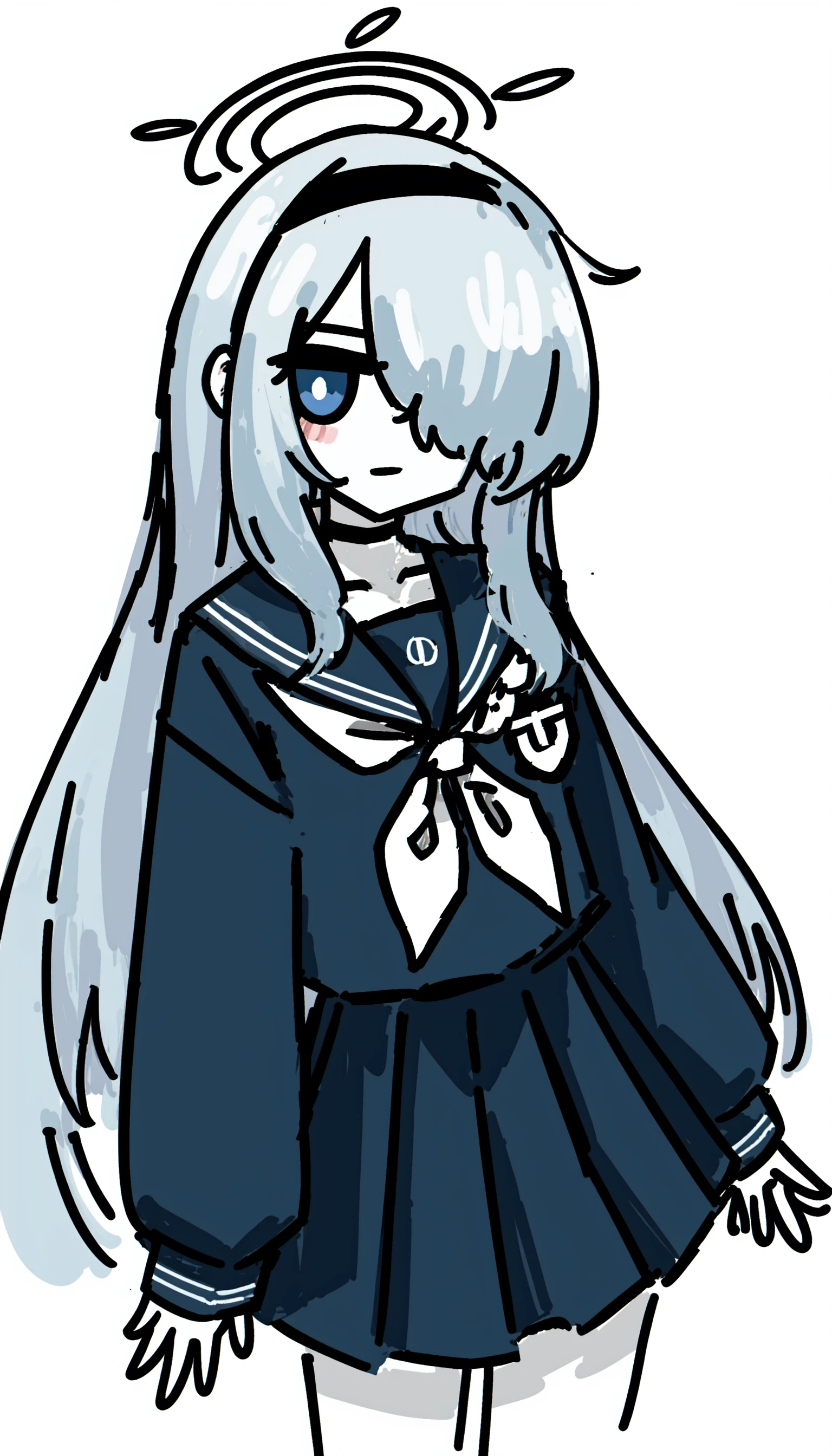 1girl, solo, school uniform, long hair, serafuku, skirt, hair over one eye, simple background, white background, hairband, halo, black serafuku, neckerchief, long sleeves, black skirt, looking at viewer, shirt, sailor collar, white neckerchief, very long hair, grey hair